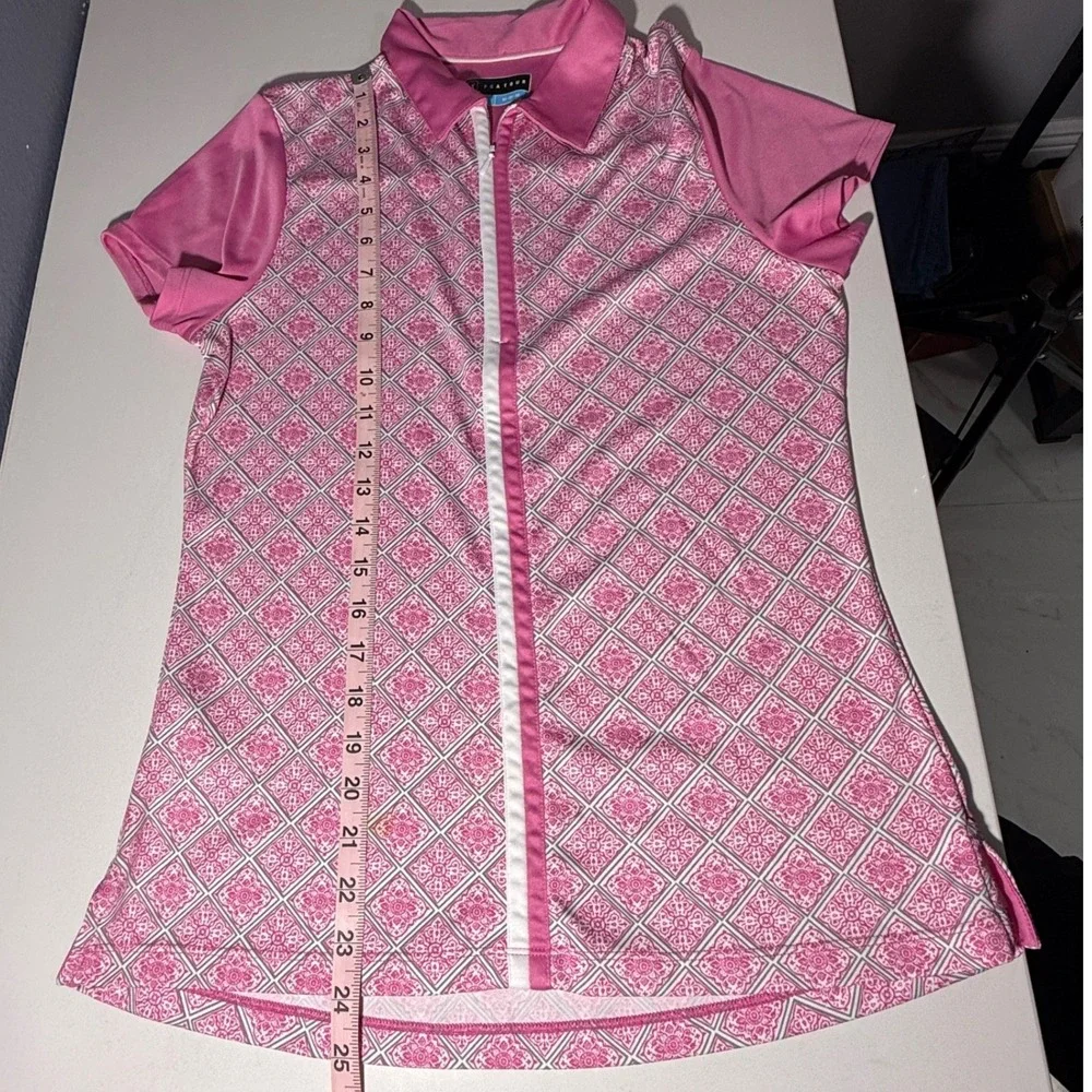 PGA Tour Womens Pink Geometric Tile Print Quarter‎ Zip Golf Polo Shirt Size M
